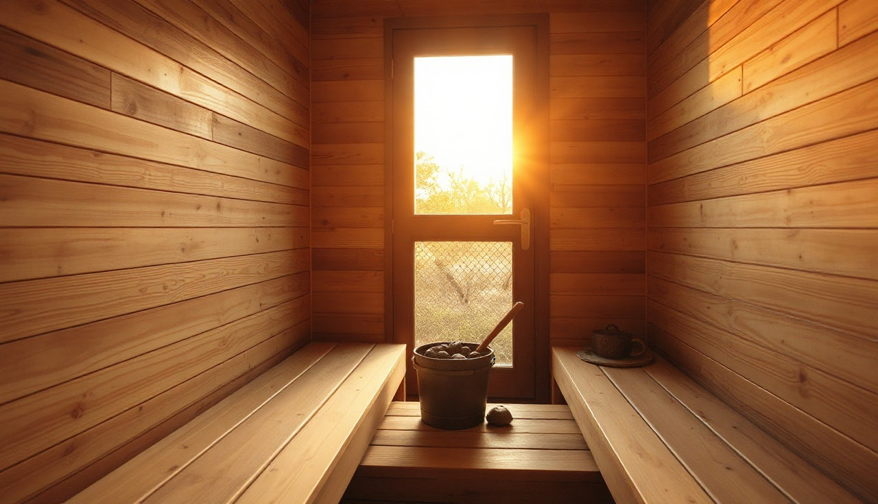 Interior of a custom cedar home sauna with wooden benches and a heater with stones