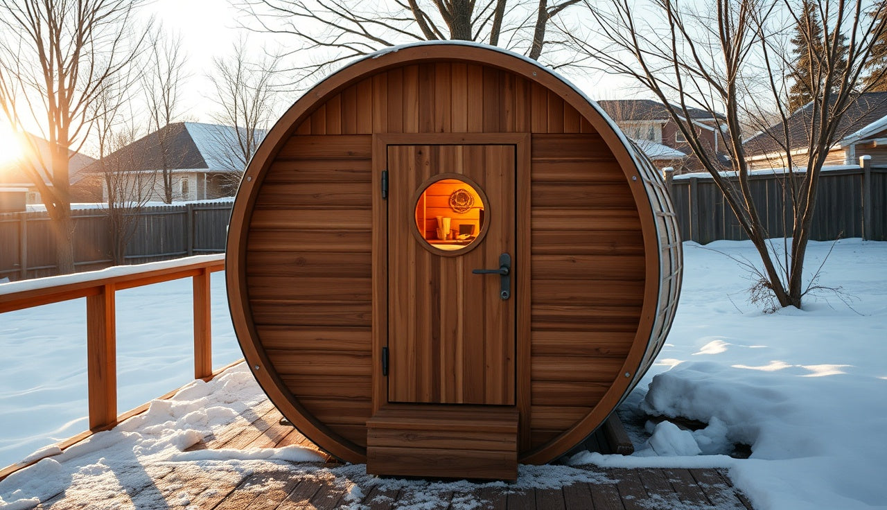 Cedar barrel outdoor sauna on snowy backyard deck in winter light