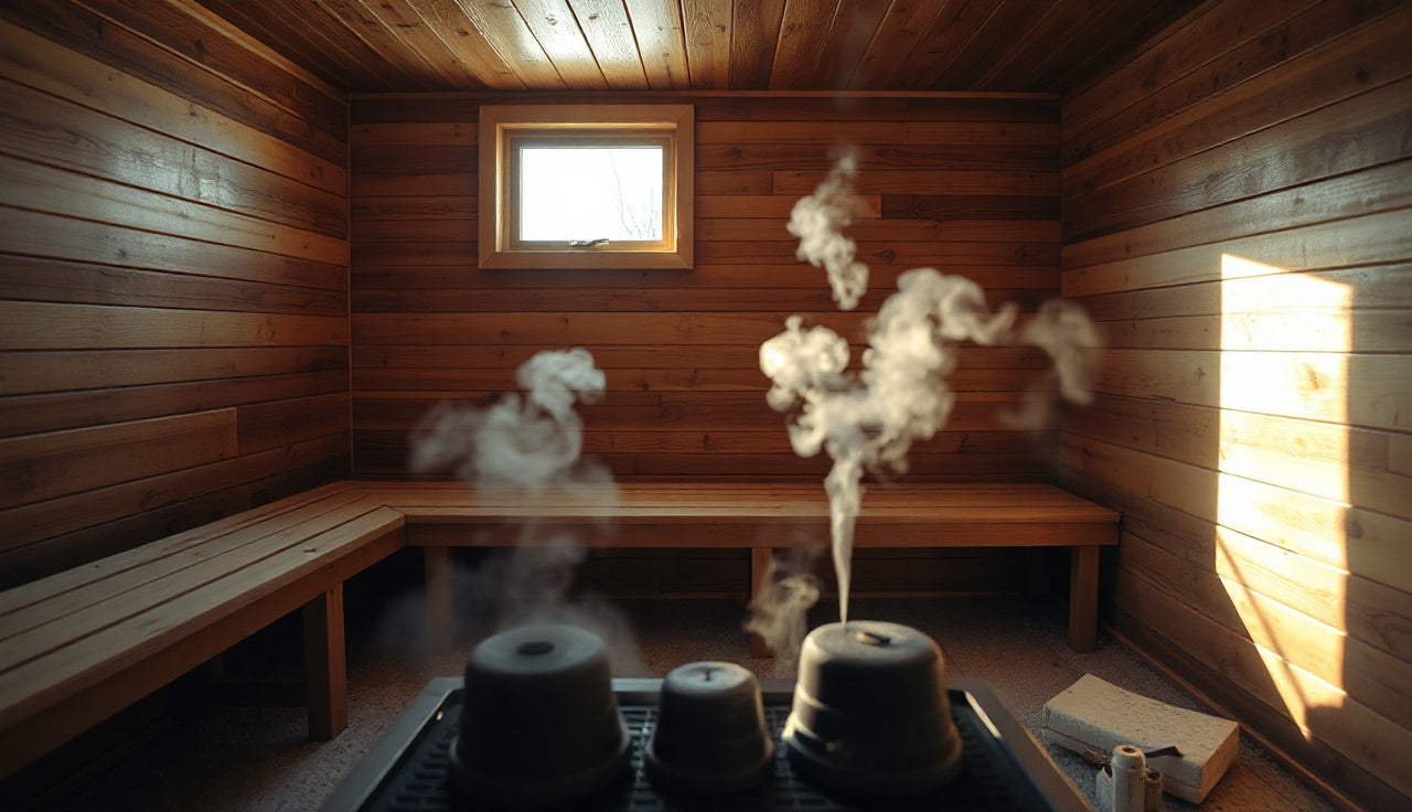 Empty wooden Finnish sauna interior with steam rising from hot stones