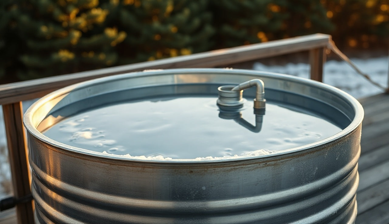 DIY cold plunge stock tank filled with cold water on a backyard deck at dawn