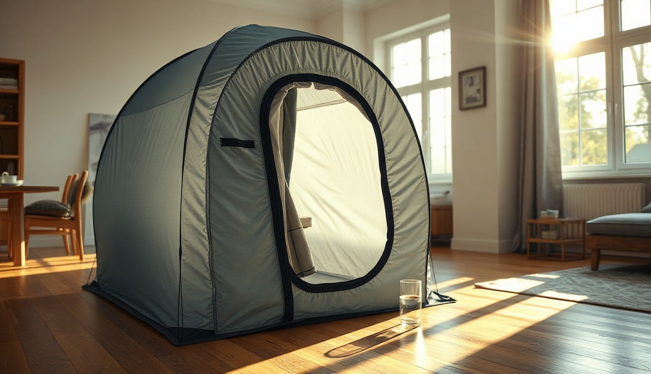 Portable personal steam tent sauna open in a bright apartment living room