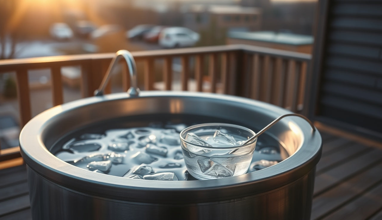 Digital probe thermometer beside an ice-water calibration bowl on a cold plunge tub rim