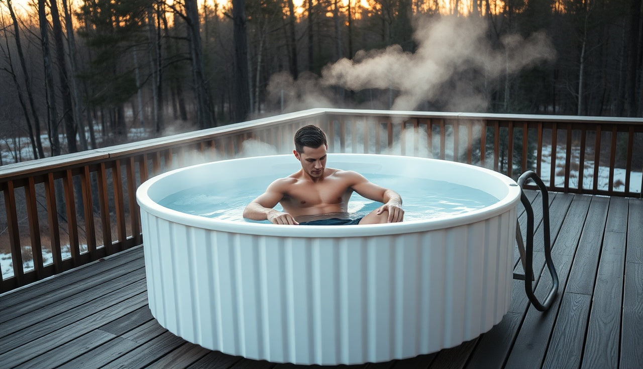Endurance athlete sitting in outdoor cold plunge tub on wooden deck at dawn