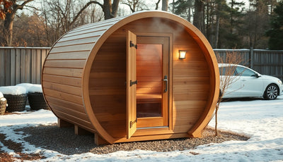Cedar outdoor barrel sauna with steam rising on a snowy winter afternoon