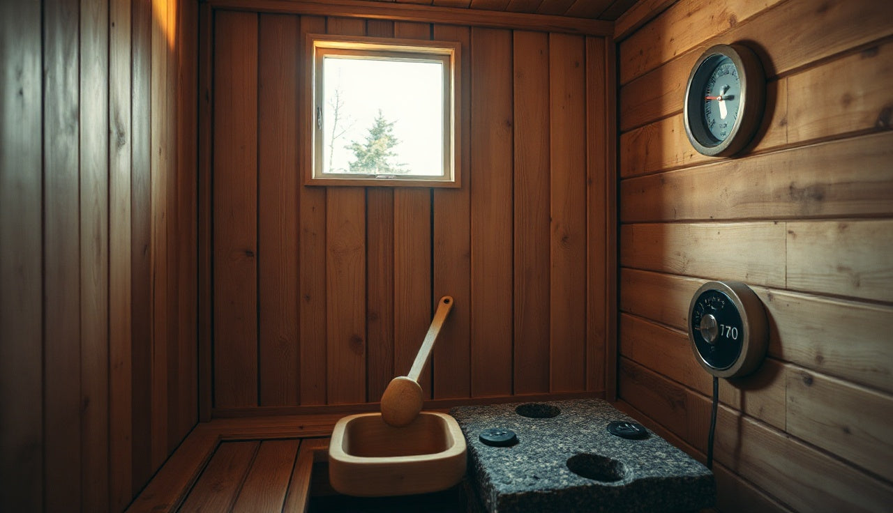 Cedar sauna interior with wooden bench, stone heater, and wall thermometer