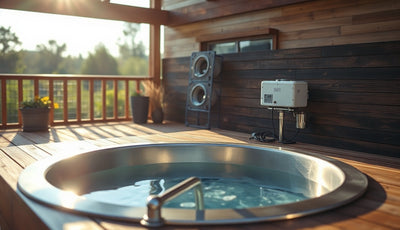 Outdoor cold plunge tub with UV and ozone sanitation units mounted on side plumbing