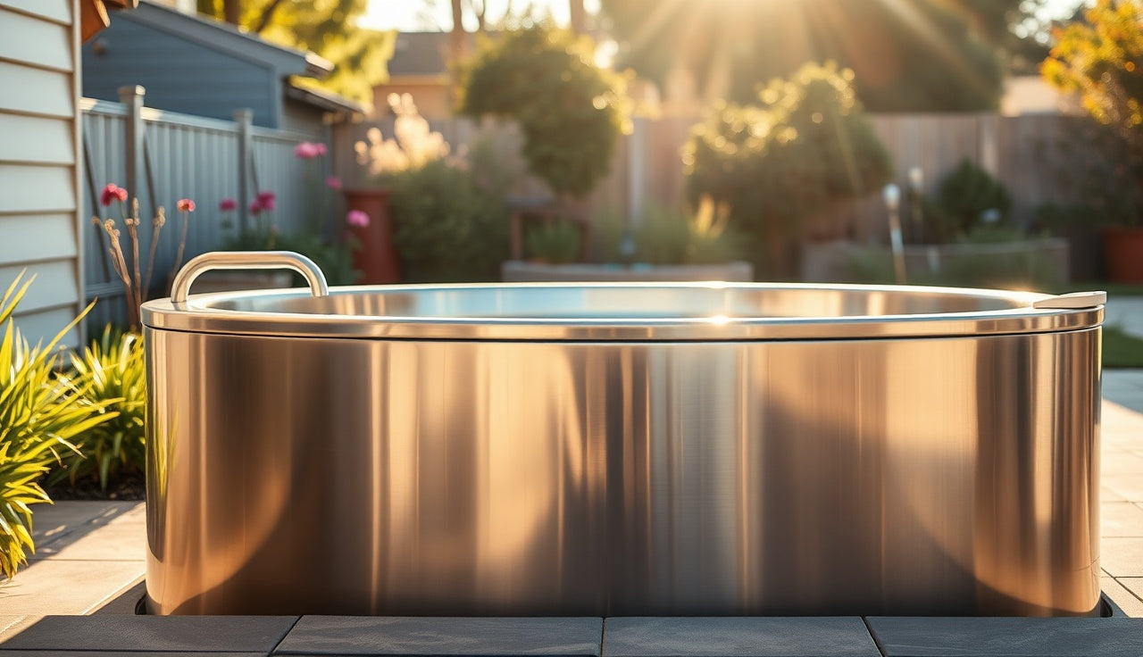 Brushed stainless steel cold plunge tub with visible weld seams in sunlit backyard