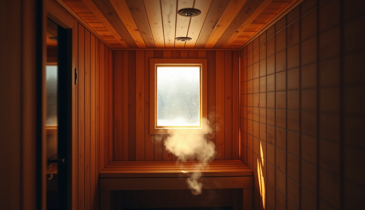 Cedar infrared sauna cabin interior with glowing emitter panels and warm amber light