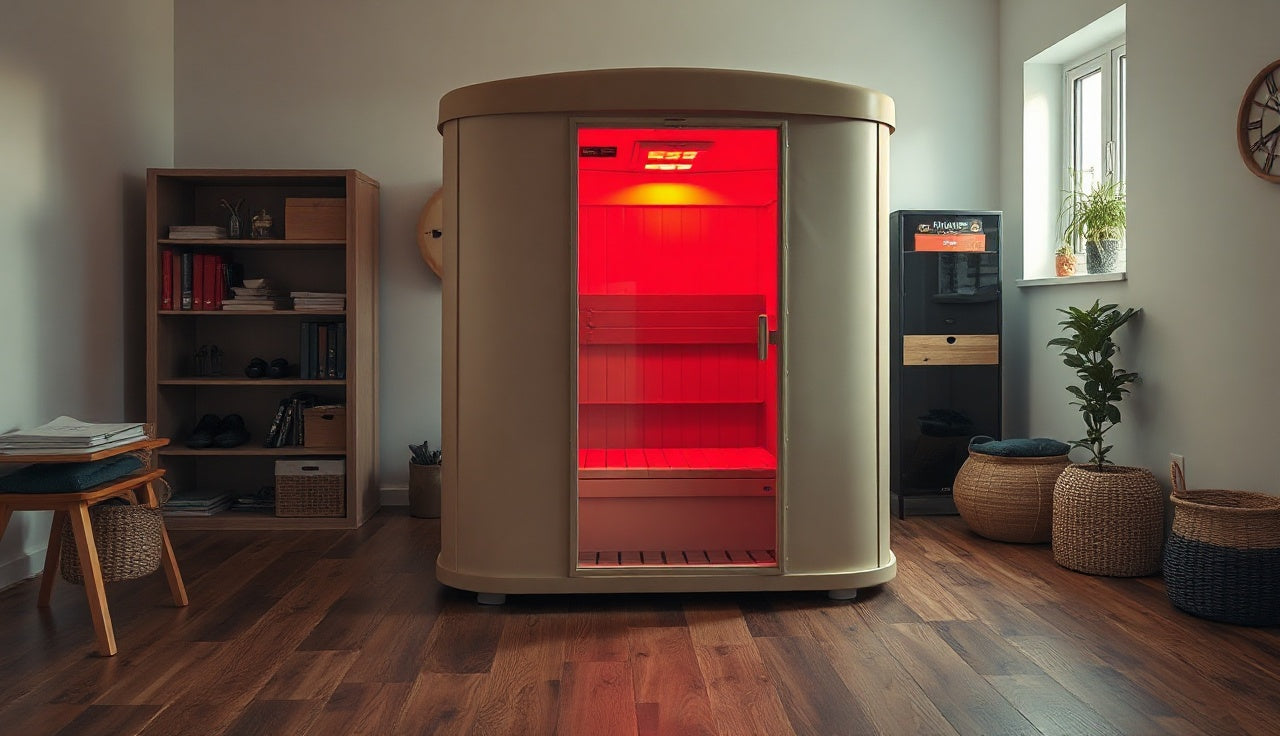 Portable sauna tent emitting red light therapy glow in a home gym setting