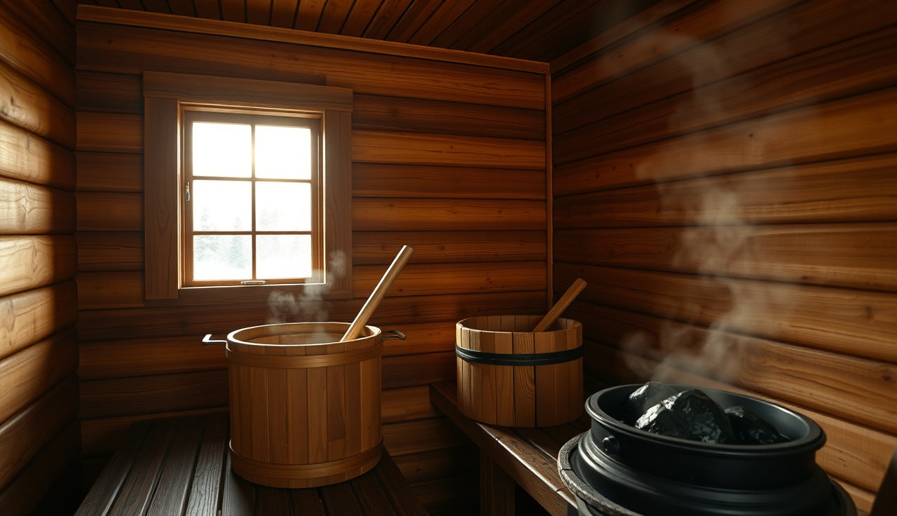 Traditional Finnish sauna interior with wood benches, kiuas stove, and steam rising from hot rocks