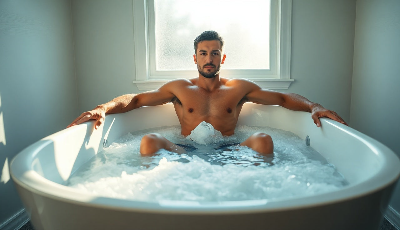 Man sitting in an ice bath at home after a gym workout, icy water visible