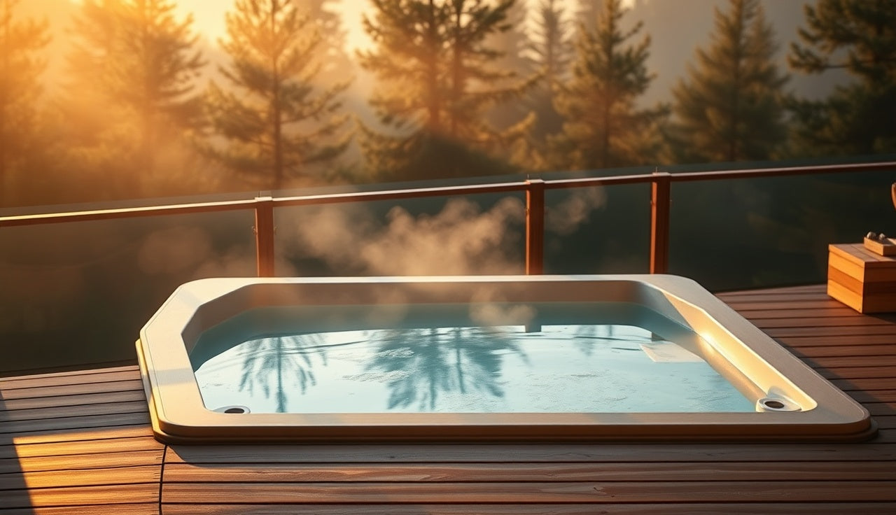 Outdoor cold plunge tub on a wooden deck in early morning forest light