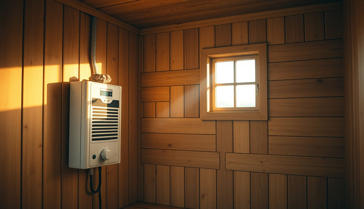 Electric sauna heater with conduit wiring visible on wood-paneled sauna wall