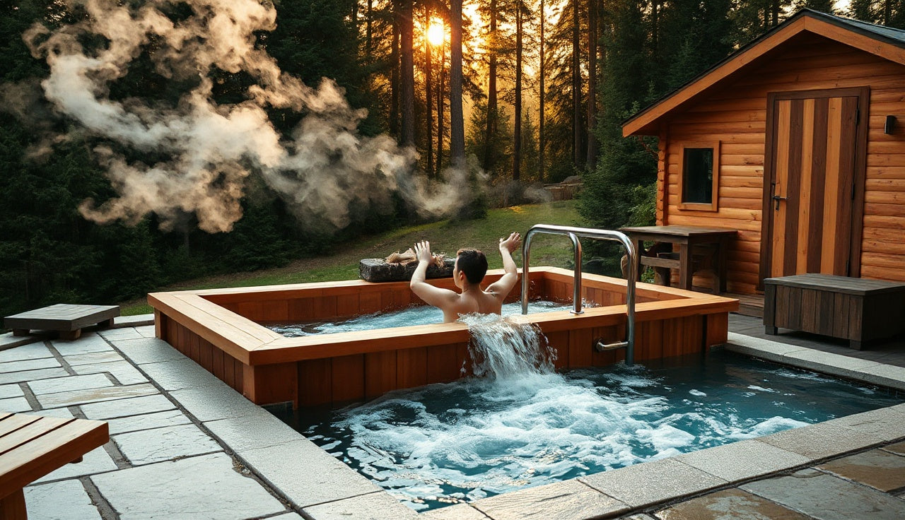 Person stepping into outdoor cold plunge tub on a stone patio at golden hour
