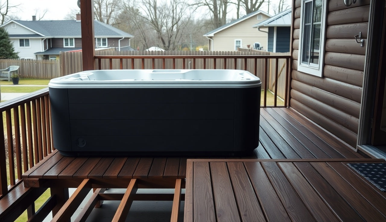 Freestanding cold plunge tub on a second floor wood deck with visible framing below