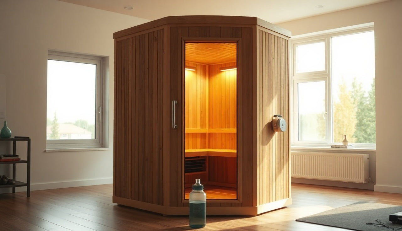 Folding portable infrared sauna cabin set up in a home gym with warm interior lighting