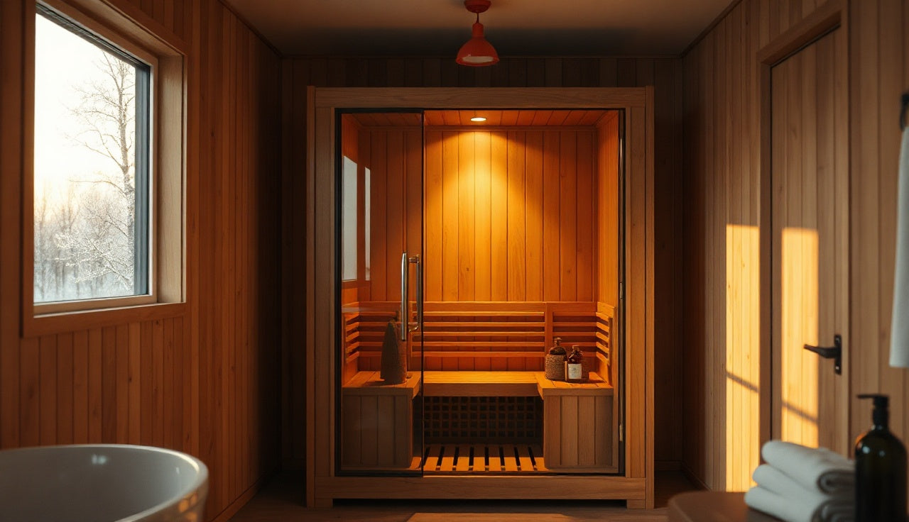 Warm glowing interior of a home infrared sauna with cedar wood walls