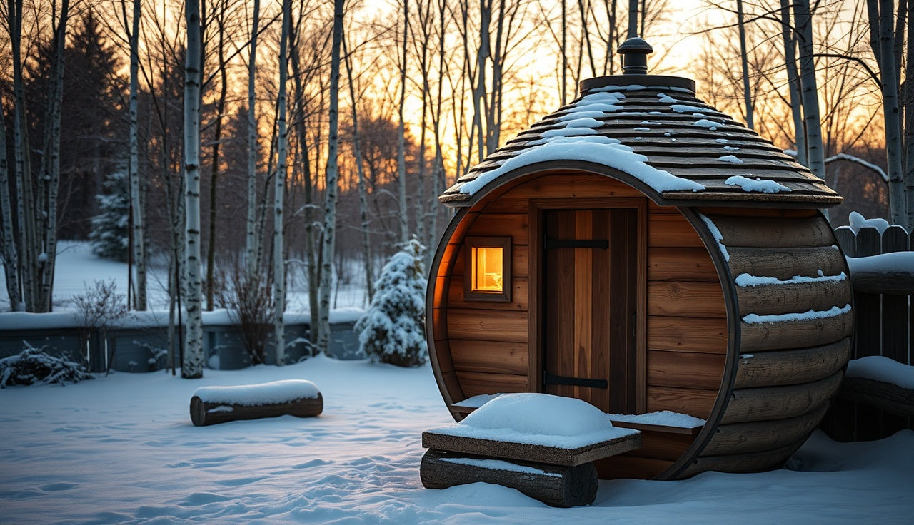 Cedar barrel sauna glowing in a snowy backyard at dusk with birch trees
