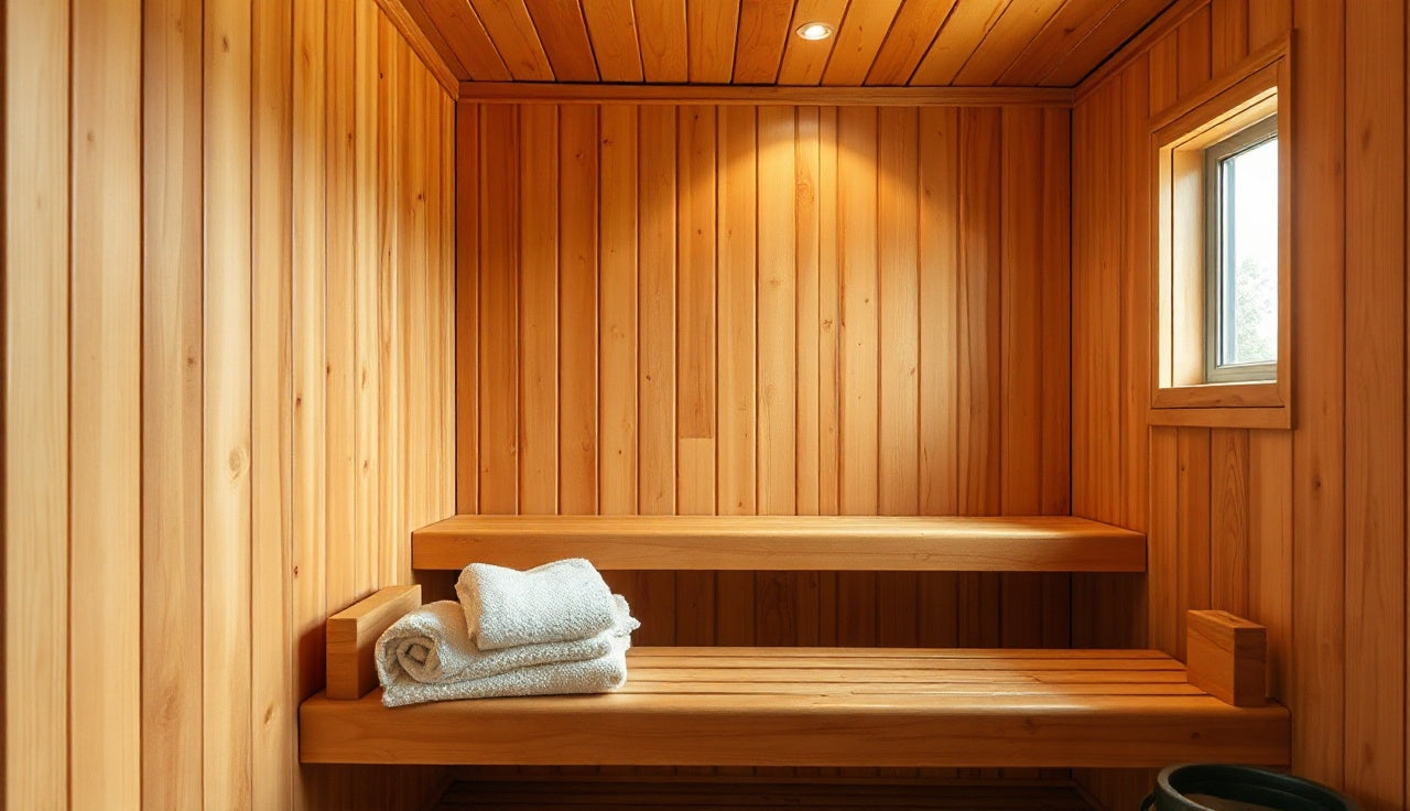 Warm glowing interior of a wood-paneled infrared sauna cabin with a folded towel on the bench