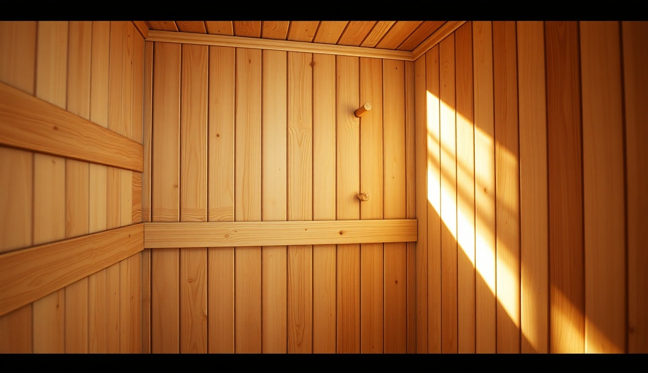 Cedar tongue-and-groove sauna wall boards with small expansion gap spacers between courses