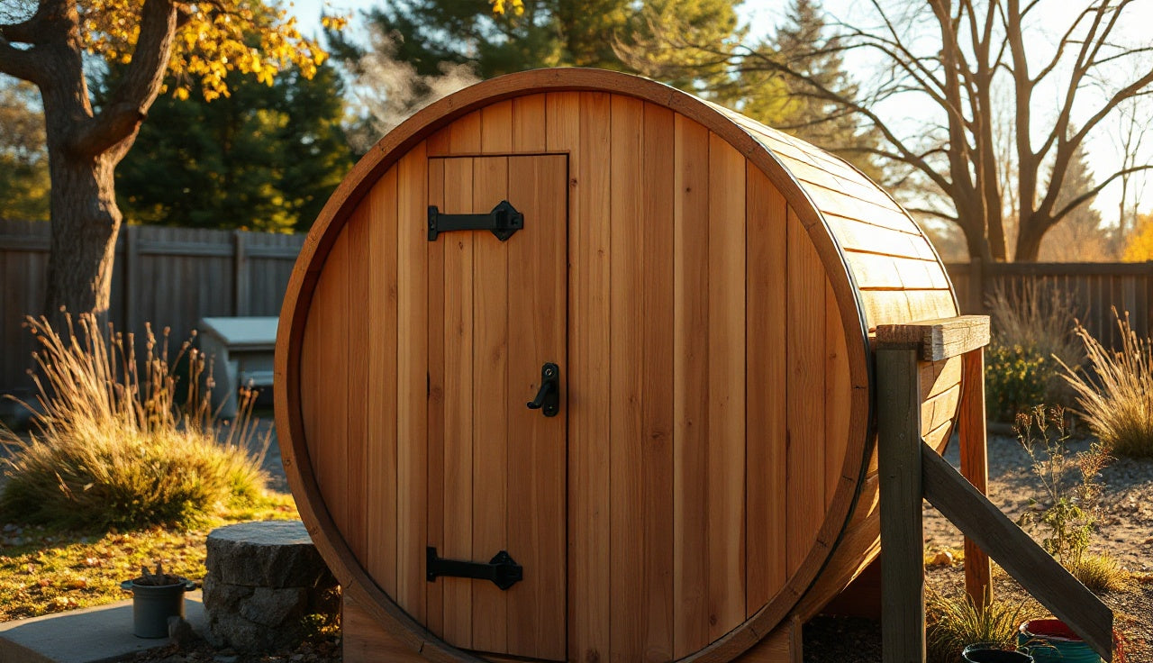 Cedar barrel sauna outdoors in backyard afternoon light showing wood grain detail