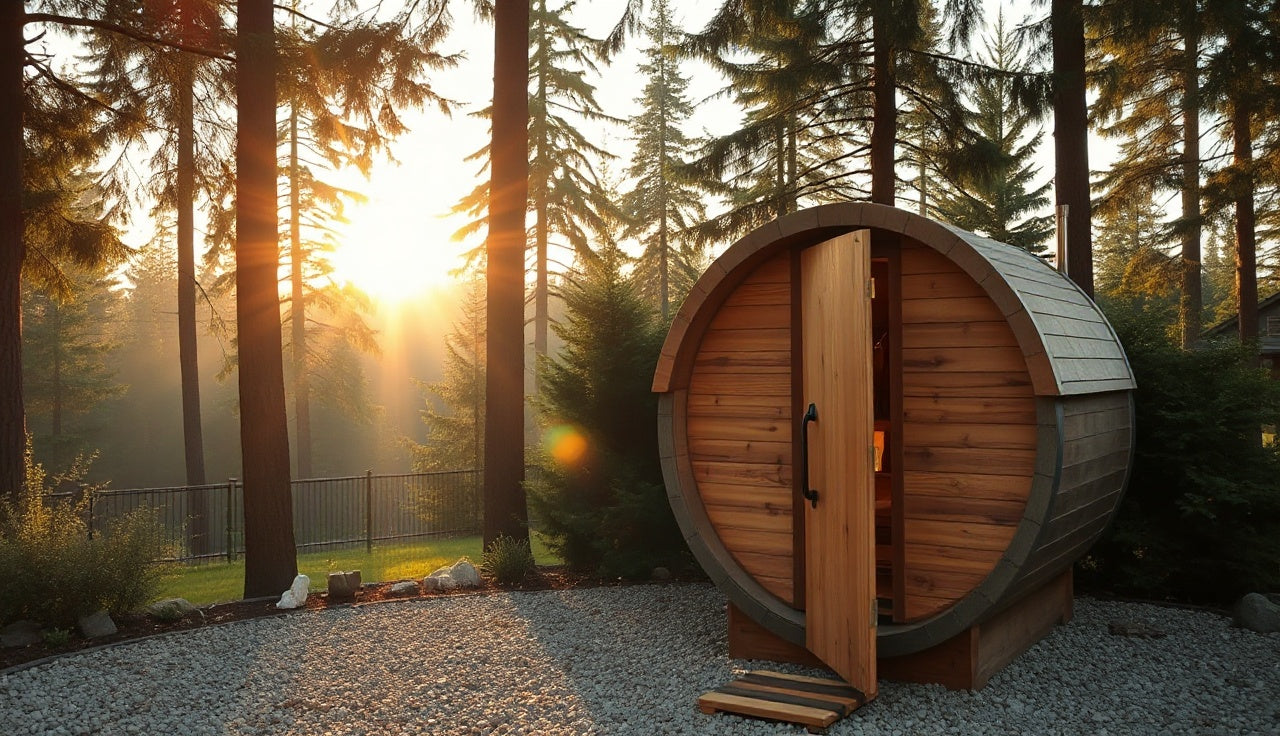 Hand-crafted cedar barrel sauna on gravel pad in a Pacific Northwest backyard