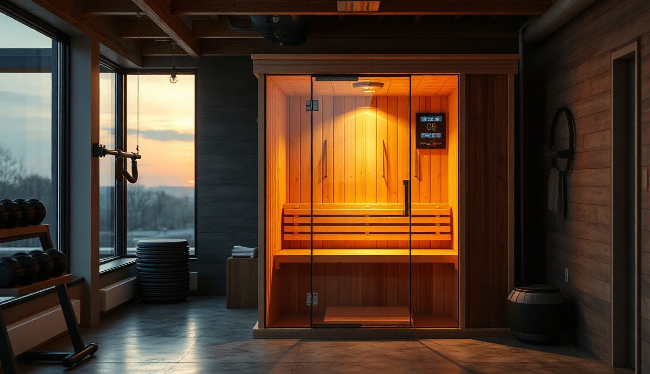 Four-person infrared sauna cabin with warm amber interior light in a home gym