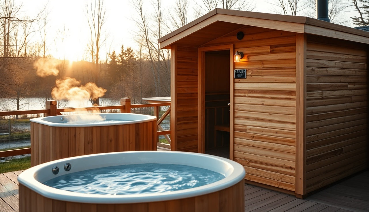 Outdoor cedar sauna cabin beside a cold plunge tub on a backyard deck at golden hour