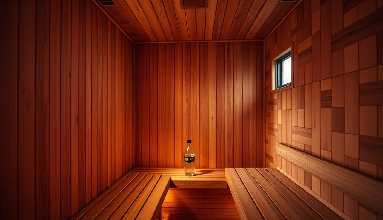 Empty infrared sauna interior with cedar benches and warm amber light
