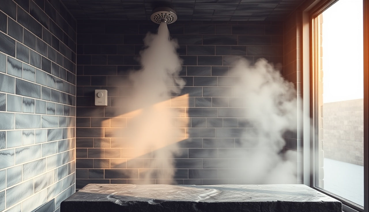 White steam rising from a wall-mounted steam head inside a tiled steam room