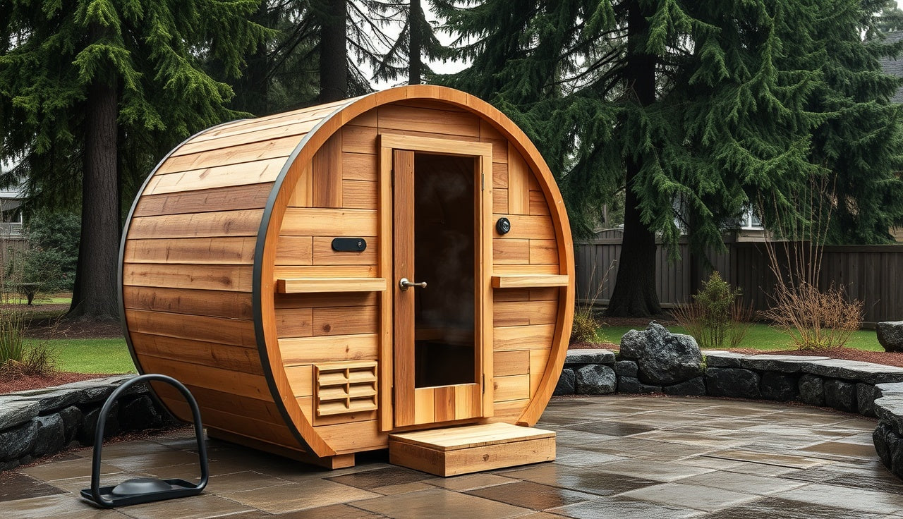 Cedar barrel sauna on a stone patio surrounded by evergreen trees
