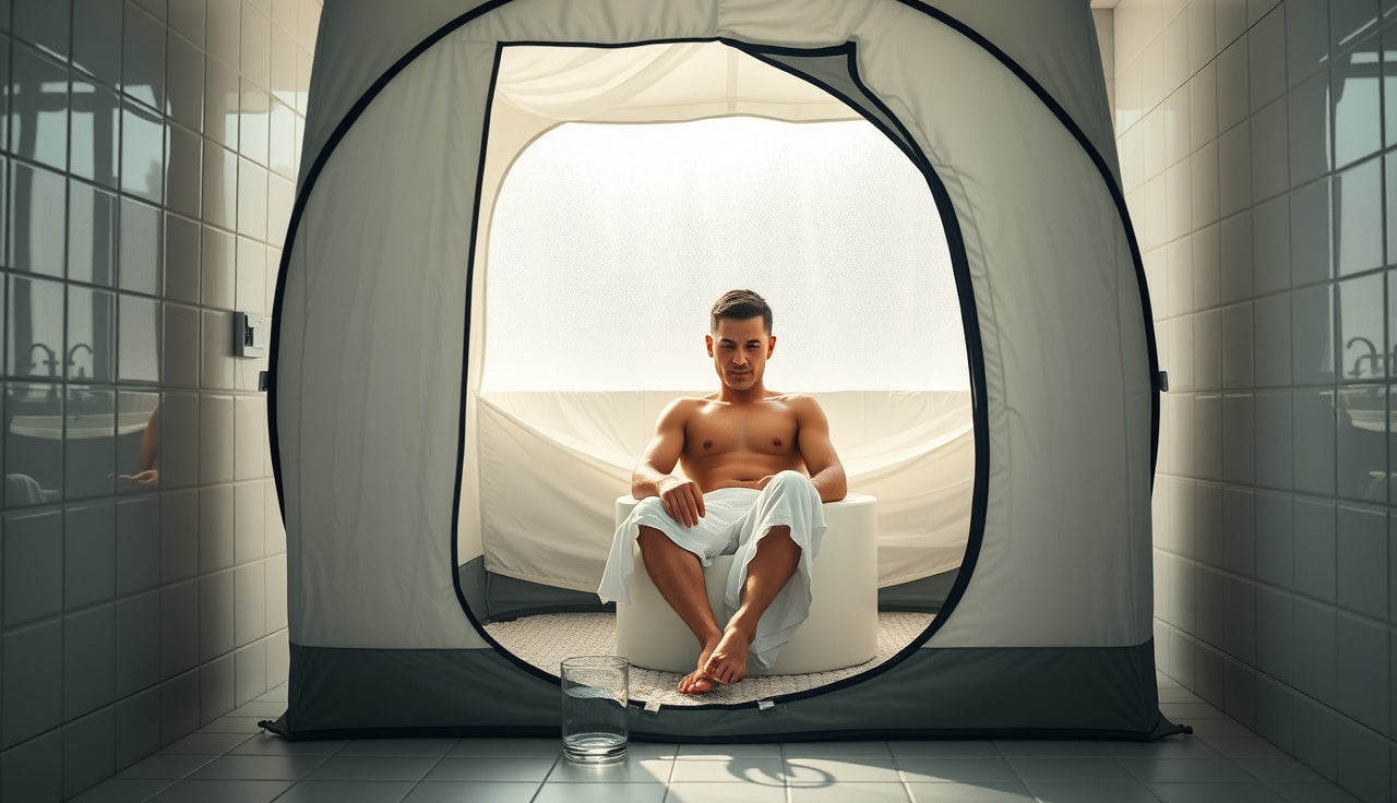 Person seated inside a portable steam room tent in a home bathroom