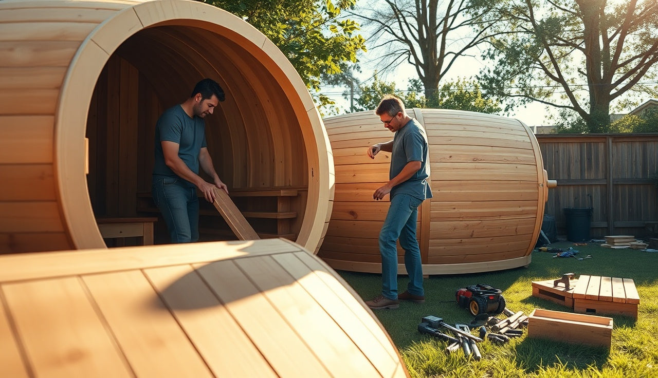 Two people assembling a prefab barrel sauna kit outdoors on a sunny afternoon