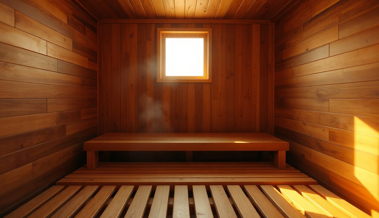 Warm interior of a wood-paneled infrared sauna with glowing amber light