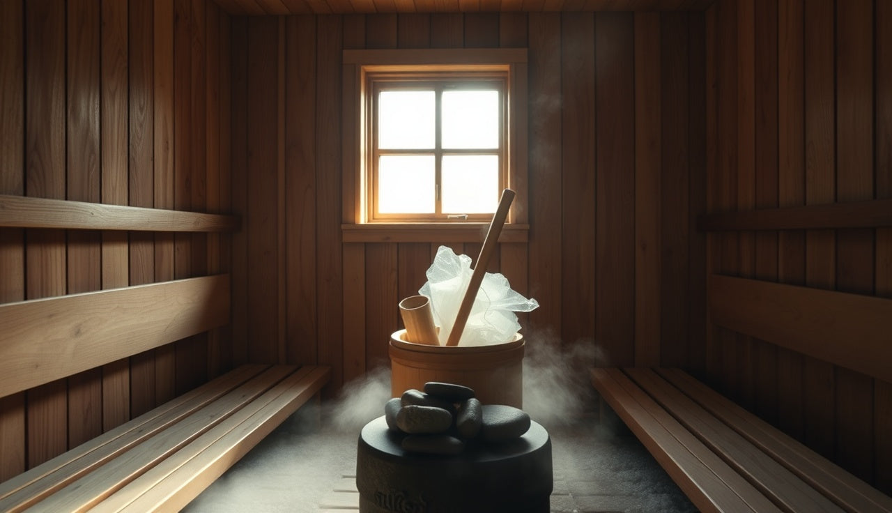 Wooden interior of a traditional Finnish hot sauna with steam rising from heated stones