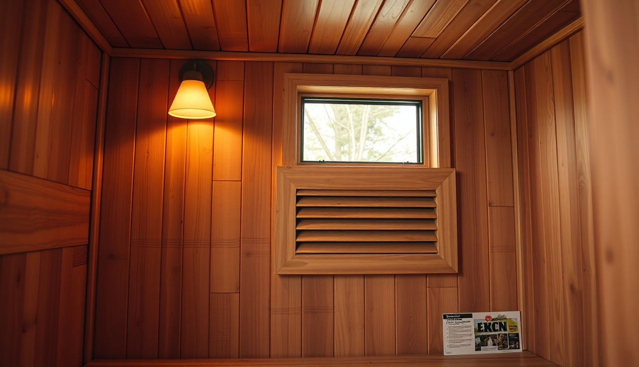 Cedar louvered vent panel installed low on a sauna wall near a stone heater