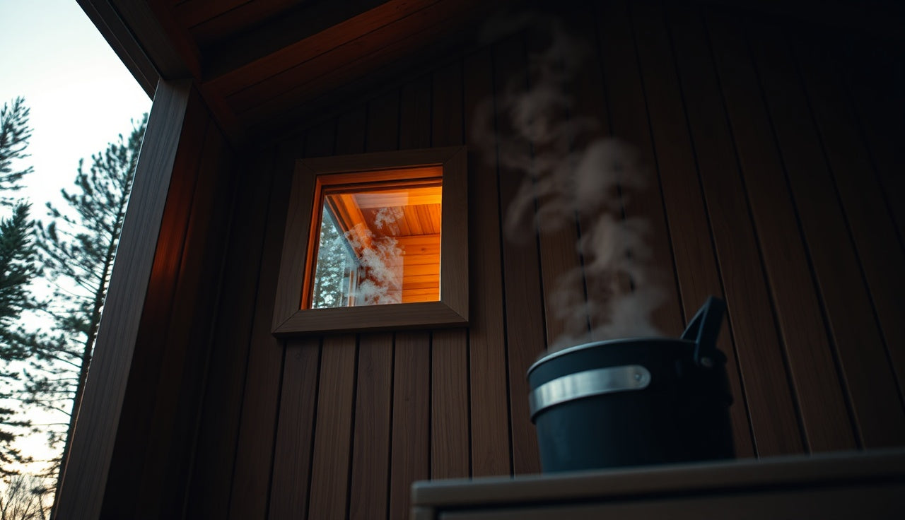 Wooden outdoor sauna glowing at dusk with steam rising, evening light through trees