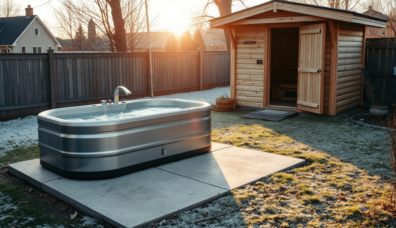 Outdoor cold plunge tub on concrete pad beside wooden sauna cabin in morning light