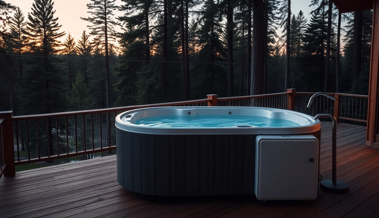 Compact cold plunge chiller unit next to a filled cold plunge tub on an outdoor wooden deck