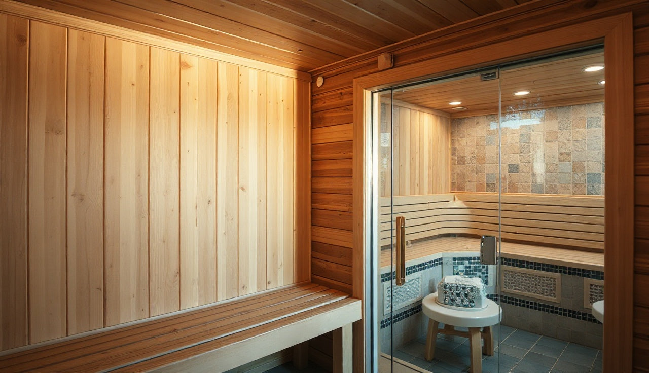 Cedar dry sauna interior with tiled steam room visible through a glass door