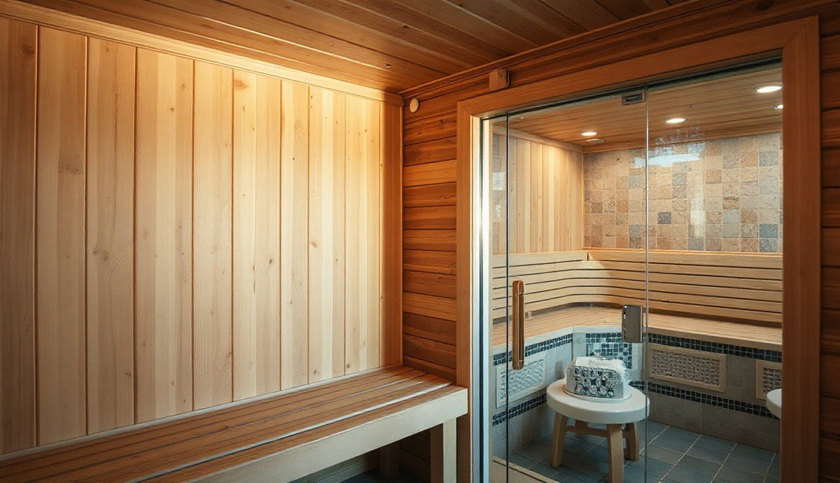 Wood-lined sauna beside a tiled wet room, separated by a glass door