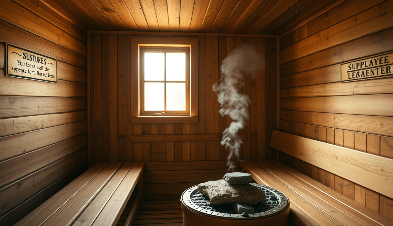 Empty Finnish sauna interior with cedar benches and hot stones with rising steam
