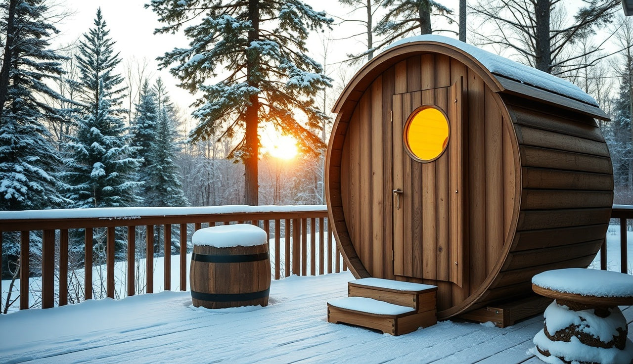 Cedar barrel sauna on a snowy backyard deck with warm interior light glowing through window