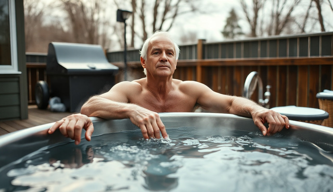 Man pausing at cold plunge tub edge on outdoor deck in cool morning light