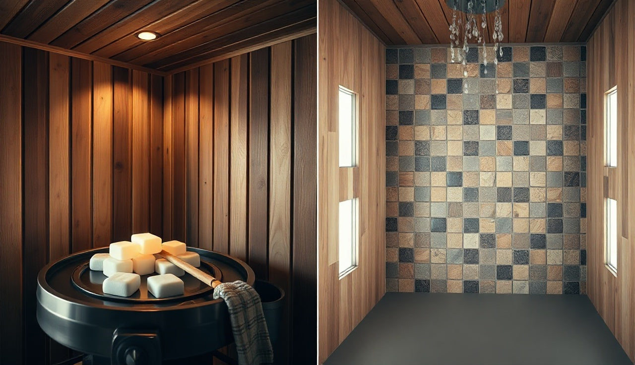 Wood sauna interior with hot rocks alongside a tiled steam room with condensation