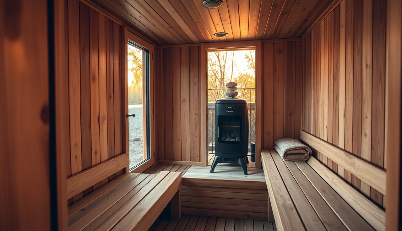 Cedar sauna interior with wood benches and electric heater stones glowing