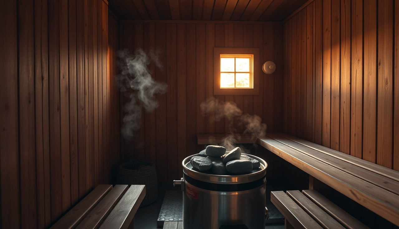 Cedar Finnish sauna interior with steam rising from hot stones in warm amber light