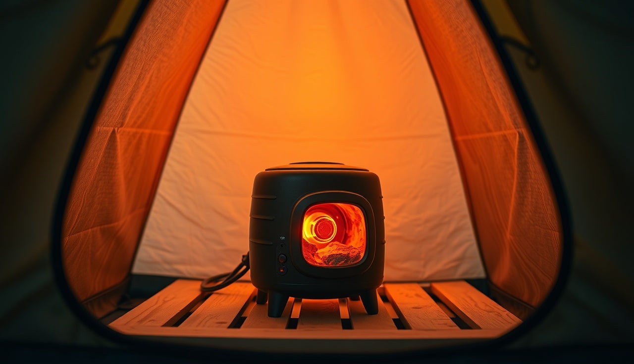 Compact electric sauna rock heater glowing inside a portable tent enclosure