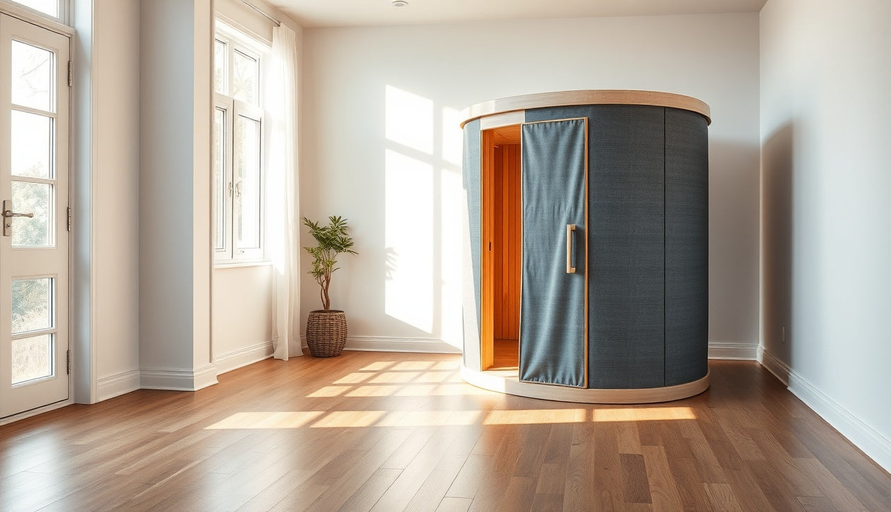 A name brand portable infrared sauna cabinet unfolding on a hardwood bedroom floor