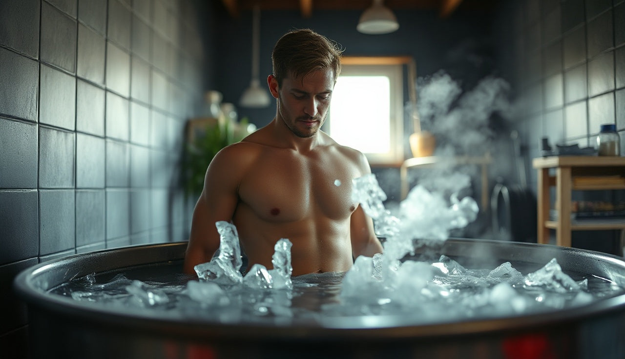 Person entering an ice-filled cold plunge tub in a home gym setting